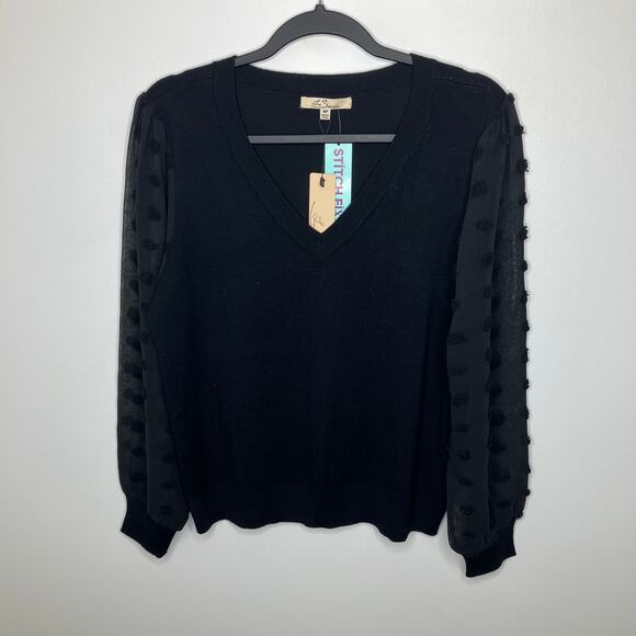 NWT LES SEREIN Rehannin Textured Sleeve Sweater Black Medium Petite MP - Picture 2 of 5